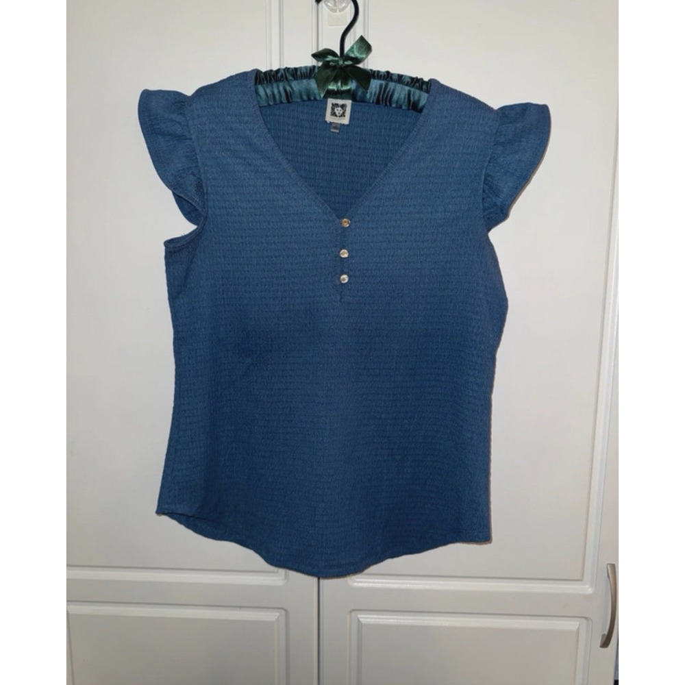 Anne Klein Women's Blue Cap Sleeve V-neck Blouse Size Small EUC